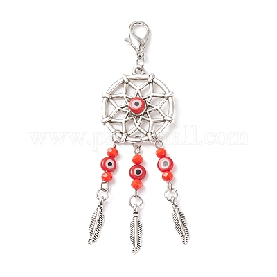 Плетеная сетка/паутина с подвесными украшениями из сплава в тибетском стиле с перьями HJEW-JM00736-1