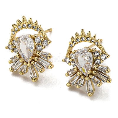 Серьги-пуссеты из латуни с покрытием в форме капли и фианитами EJEW-D063-08G-1