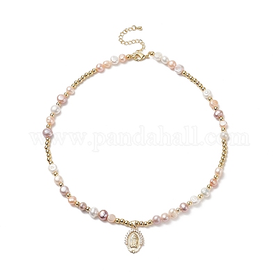 Латунная подвеска Девы Марии с цепочками из бисера из натурального жемчуга для женщин NJEW-JN04144-02-1