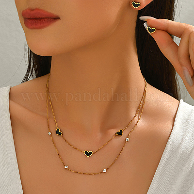 Комплект из двухслойного ожерелья и серег-гвоздиков в корейском стиле из нержавеющей стали в форме сердца ZA8434-1