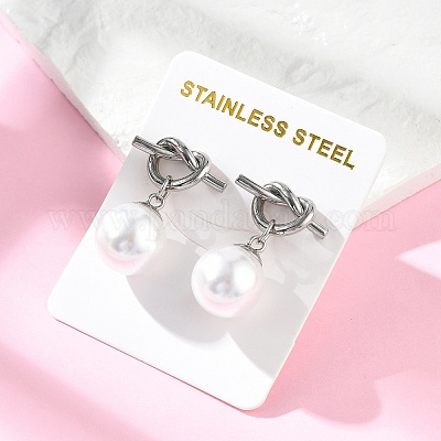 Круглые серьги-гвоздики из пластика с имитацией жемчуга из нержавеющей стали 304 EJEW-V008-02P-1