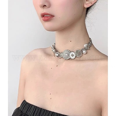 Кнопка солнечного тепла нержавеющая сталь и акрил и пластик искусственный жемчуг ожерелья чокер FS-WG98DB1-01-1