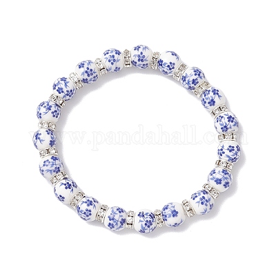 Эластичные браслеты из фарфоровых керамических бусин с цветочным принтом для женщин BJEW-JB12375-01-1