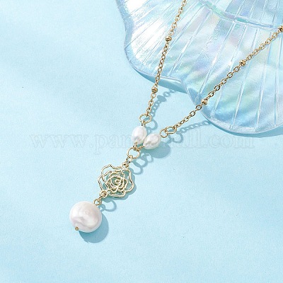 Женские ожерелья-спутники из нержавеющей стали 304 с плоским круглым кулоном в форме цветка из натурального жемчуга Кеши NJEW-JN05619-1