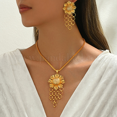 Комплекты серег и ожерелий с полыми цветами и кисточками из железа и стразов для женщин TF2219-1