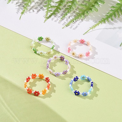 Кольцо из стеклянных бусин с цветочным узором для женщин RJEW-MZ00002-1