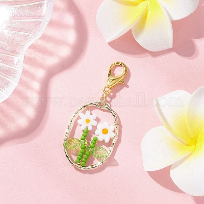 Овальный с цветочным стеклянным бисером и подвесками из лэмпворка и сплава HJEW-MZ00351-04-1