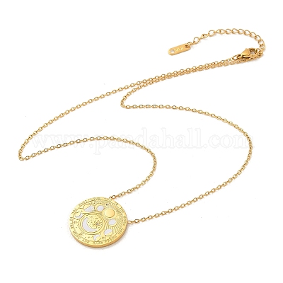Ожерелья с плоским круглым кулоном из нержавеющей стали 304 с прозрачным кубическим цирконием и фазами Луны NJEW-R018-03G-1