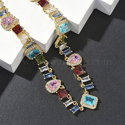 Теннисные ожерелья в форме капли с квадратом и латунным паве из разноцветных кубических цирконий NJEW-G183-09G-1