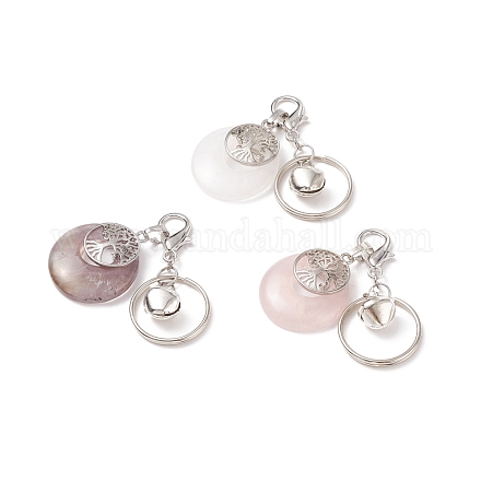 Плоские круглые брелки из латуни и натуральных смешанных драгоценных камней с подвеской в виде дерева жизни KEYC-JKC00369-1