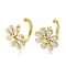 Rack Plating Flower Brass Cuff Earrings, with Enamel, Long-Lasting Plated, Lead Free & Cadmium Free, Real 18K Gold Plated, White, 14x14x16.5mm