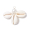 Natural Cowrie Shell & ABS Plastic Imitation Pearl Round Pendants, with Copper Wire Wrapped, Silver Color Plated, Seashell Color, 37x45x10mm, Hole: 3mm
