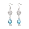 Teardrop with Flower Alloy Glass Dangle Earrings, with Brass Earring Findings, Antique Silver & Platinum, Deep Sky Blue, 65x15mm