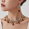 Alloy Rhinestone Bib Necklaces & Dangle Earrings Sets, Flower with Teardrop, Golden, Siam, Necklace: 460mm