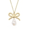 304 Stainless Steel & Plastic Pearl Bowknot Pendant Cable Chain Necklaces, Golden, 15.67 inch(39.8cm)