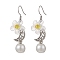 Flower with Moon Alloy Plastic Dangle Earrings, with Acrylic, Antique Silver & Platinum, 46x14mm