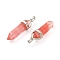 2Pcs Cherry Quartz Glass Double Terminal Pointed Pendants, Faceted Bullet Charms, with Platinum Tone Random Alloy Pendant Hexagon Bead Cap Bails, 36~40x12mm, Hole: 3x4mm, Gemstone: 8mm in diameter