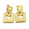 304 Stainless Steel Dangle Stud Earrings, Square with Heart, Real 14K Gold Plated, 39x23.5mm
