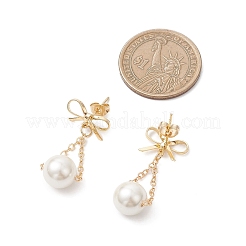 Серьги-гвоздики с бантом и круглыми латунными жемчужинами-ракушками&nbsp;EJEW-TA00779