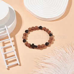 Эластичный браслет из натурального черного агата (окрашенного) и рудракши и синтетической бирюзы (окрашенного)&nbsp;BJEW-TA00187-02