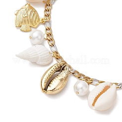 Браслеты на ногу с подвесками в виде дельфина и морской звезды из натуральной ракушки каури и латуни AJEW-AN00650