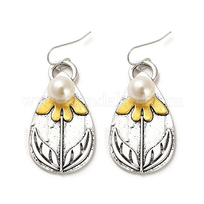 Серьги-капли с цветком из пластика с подвесками из искусственного жемчуга EJEW-G370-03AS-1