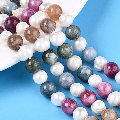 Нити рифленых бусин из натурального белого нефрита круглой огранки и натурального культивированного пресноводного жемчуга в форме картофеля PEAR-N019-05-1