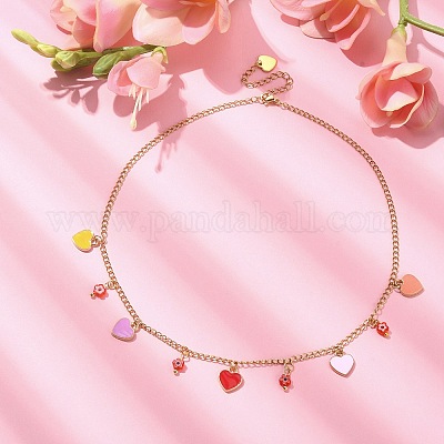 Ожерелье из сплава в форме сердца и цветка из стекла миллефиори с ионным покрытием (IP) из нержавеющей стали 304 ручной работы NJEW-JN04403-1