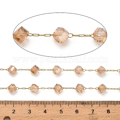 Кубические звенья цепочки из стеклянных бусин ручной работы из нержавеющей стали 304 CHS-B011-04G-02-1