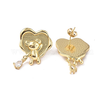 Прозрачное кубическое циркониевое сердце с серьгами-гвоздиками в виде медведя EJEW-P214-17G-1