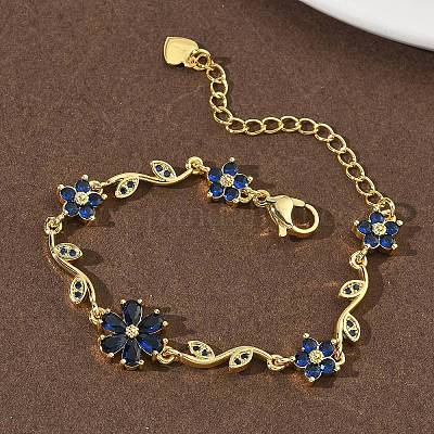 Браслеты-цепочки с цветами и листьями из латуни с микропаве из кубических цирконий для женщин BJEW-G764-03G-1