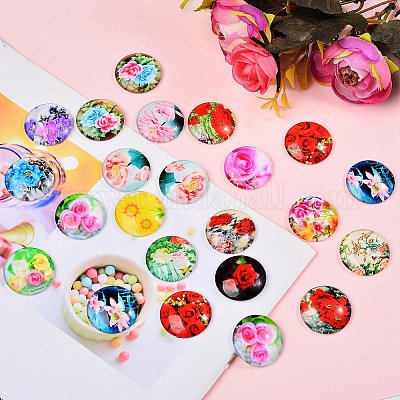 Цветочная Печатный стекло кабошоны GGLA-SZ0001-15-1