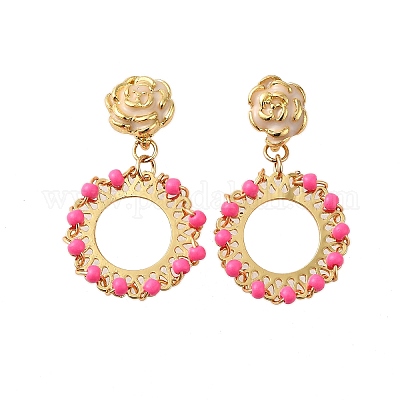 Плоские круглые латунные эмалевые серьги-гвоздики EJEW-S261-01G-1