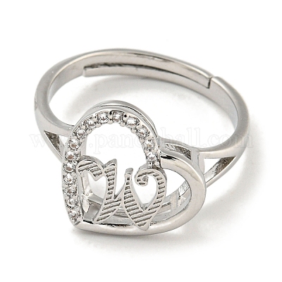 Сердце с буквой стойка покрытие латунь микро паве кубический цирконий регулируемые кольца для женщин RJEW-I105-06P-W-1