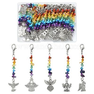 30 шт. 5 стиля чакра натуральные и синтетические драгоценные камни и сплав подвеска ангел украшение HJEW-YW00067-1