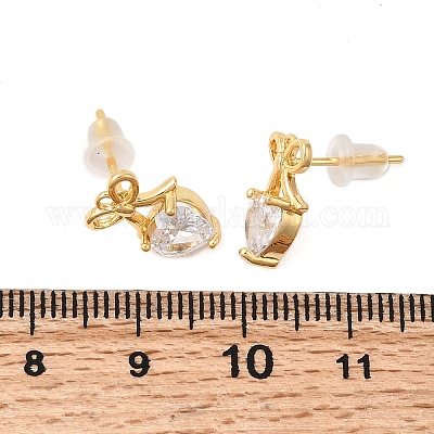 Серьги-гвоздики из латуни с микро-паве и прозрачным фианитом в форме сердца EJEW-P331-06G-1