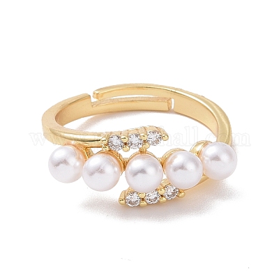 Регулируемое кольцо из прозрачного кубического циркония с акриловым жемчугом RJEW-P032-16G-1