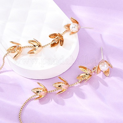 Серьги-гвоздики с кисточками из искусственного жемчуга из латуни и пластика EJEW-Z107-01G-1