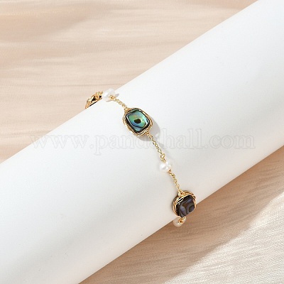 Прямоугольные латунные браслеты из ракушек-абалонов KK-D301-02G-1