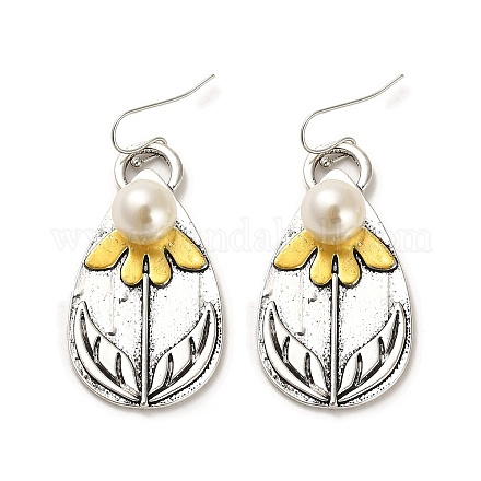 Серьги-капли с цветком из пластика с подвесками из искусственного жемчуга EJEW-G370-03AS-1