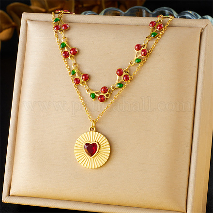 304 нержавеющая сталь сиамские стразы кулон в форме сердца вишневая цепочка двухслойные ожерелья для женщин NJEW-B132-01G-1
