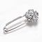 Brass Micro Pave Cubic Zirconia Safety Brooch, Flower, Clear, Platinum, 57x21mm, Pin: 1.5mm