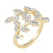 Leaf Brass Micro Pave Clear Cubic Zirconia Cuff Ring for Women, Cadmium Free & Lead Free, Real 18K Gold Plated, Inner Diameter: 17mm
