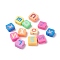 Handmade Polymer Clay Beads, Horizontal Hole, Square with Letter, Mixed Color, 8.5~10.5x8.5~10.5x4.3~5.3mm, Hole: 2.5mm