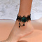 Rose Flower Lace Anklets for Women, with Alloy End Chains, Platinum, Black, 8-1/4 inch(210mm)