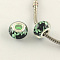 Large Hole Flower Pattern Resin European Beads, with Silver Color Plated Brass Double Cores, Rondelle, Light Green, 14x9mm, Hole: 5mm
