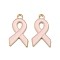 Light Gold Tone Zinc Alloy Enamel Pendants, October Breast Cancer Pink Awareness Ribbon, Pink, 27.5x15x1mm, Hole: 2.5mm