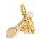 Brass Micro Pave Clear Cubic Zirconia Badminton & Racket European Dangle Charms, Large Hole Pendants with ABS Imitation Pearls, Rack Plating, Long-Lasting Plated, Cadmium Free & Lead Free, Real 18K Gold Plated, 31mm, Hole: 5.5mm