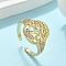Brass Micro Pave Clear Cubic Zirconia Cuff Rings for Women, Cadmium Free & Lead Free, Tree of Life, Real 16K Gold Plated, Inner Diameter: Adjustable