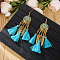 Alloy Oval Chandelier Earrings, with Glass Beads and Tassel, Golden, Deep Sky Blue, 102x32mm